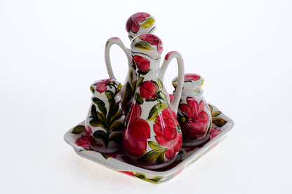 8-04 Komplet : solniczka, pieprzniczka, 2x butelka i tacka H=16cm, 20x17cm