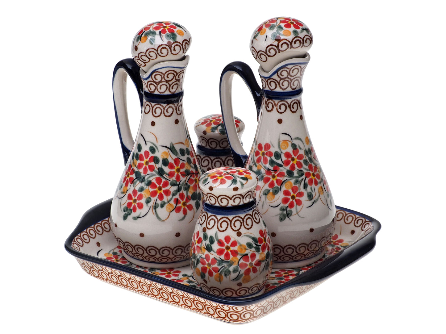 8-04 Komplet : solniczka, pieprzniczka, 2x butelka i tacka H=16cm, 20x17cm