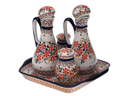 8-04 Komplet : solniczka, pieprzniczka, 2x butelka i tacka H=16cm, 20x17cm