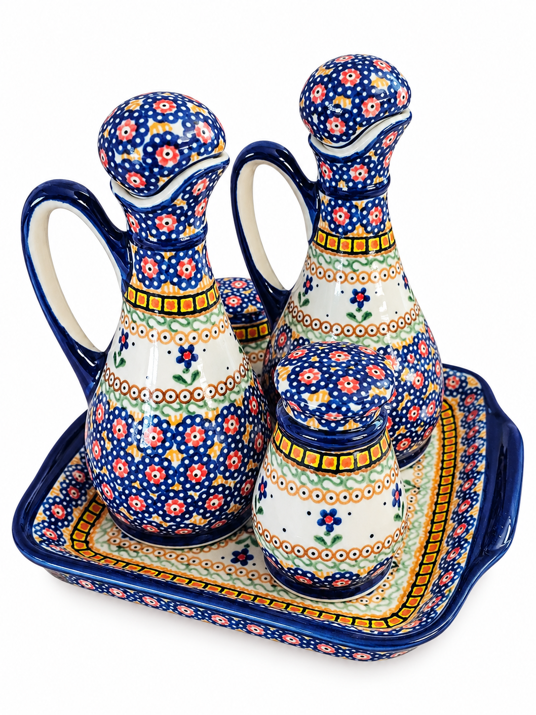 8-04 Komplet : solniczka, pieprzniczka, 2x butelka i tacka H=16cm, 20x17cm